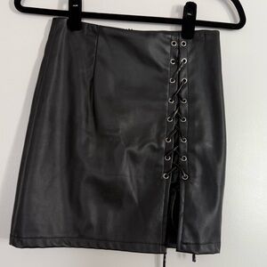 Black Lace-Up Leather Skirt